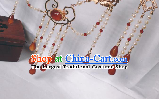 China Traditional Ancient Princess Pearls Tassel Necklace Handmade Ming Dynasty Agate Jewelry Accessories