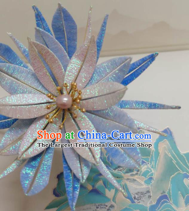 China Qing Dynasty Blue Silk Epiphyllum Hairpin Traditional Hanfu Hair Accessories Ancient Court Woman Hair Clip