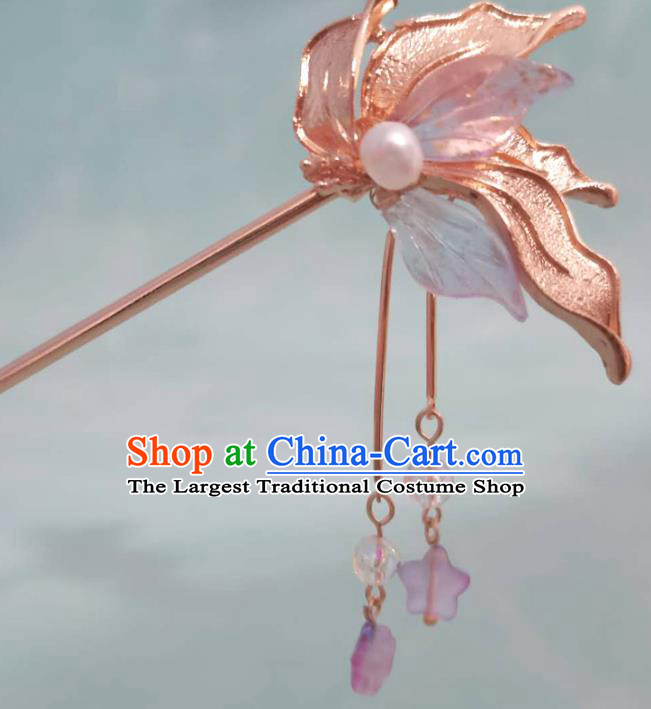 China Traditional Hanfu Hair Accessories Qing Dynasty Pink Orchid Hairpin Ancient Court Woman Tassel Hair Clip