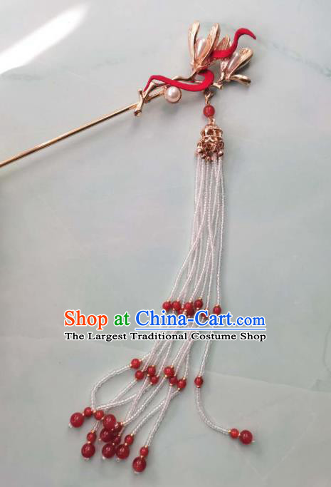 China Traditional Hanfu Hair Accessories Ming Dynasty Red Beads Tassel Hairpin Ancient Court Woman Mangnolia Hair Clip