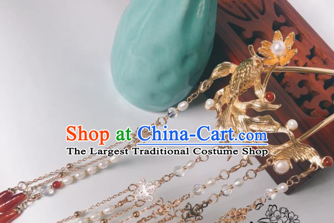 China Ming Dynasty Agate Tassel Hair Stick Traditional Hanfu Hair Accessories Ancient Princess Golden Fish Hairpin