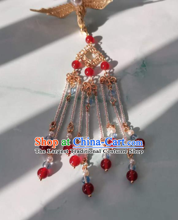 China Ming Dynasty Tassel Hairpin Ancient Court Woman Golden Phoenix Hair Crown Traditional Hanfu Hair Accessories