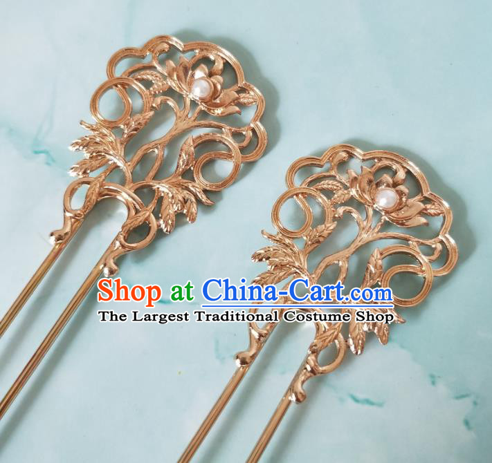 China Tang Dynasty Palace Lady Golden Lotus Hair Stick Ancient Court Woman Hairpins Traditional Hanfu Hair Accessories