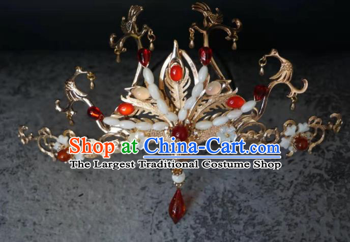 China Ming Dynasty Phoenix Hair Crown Traditional Hanfu Agate Hair Accessories Ancient Princess Hairpins