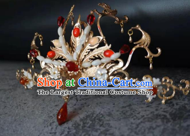 China Ming Dynasty Phoenix Hair Crown Traditional Hanfu Agate Hair Accessories Ancient Princess Hairpins