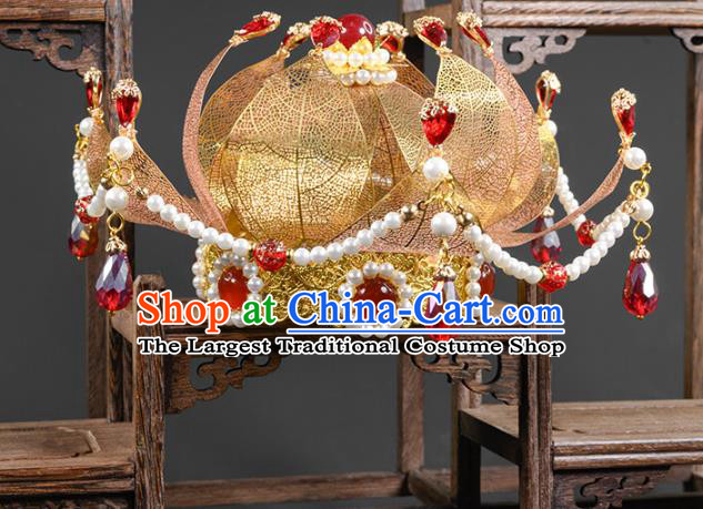 China Ancient Palace Lady Pearls Hairpin Traditional Hanfu Tang Dynasty Hair Accessories Golden Lotus Hair Crown