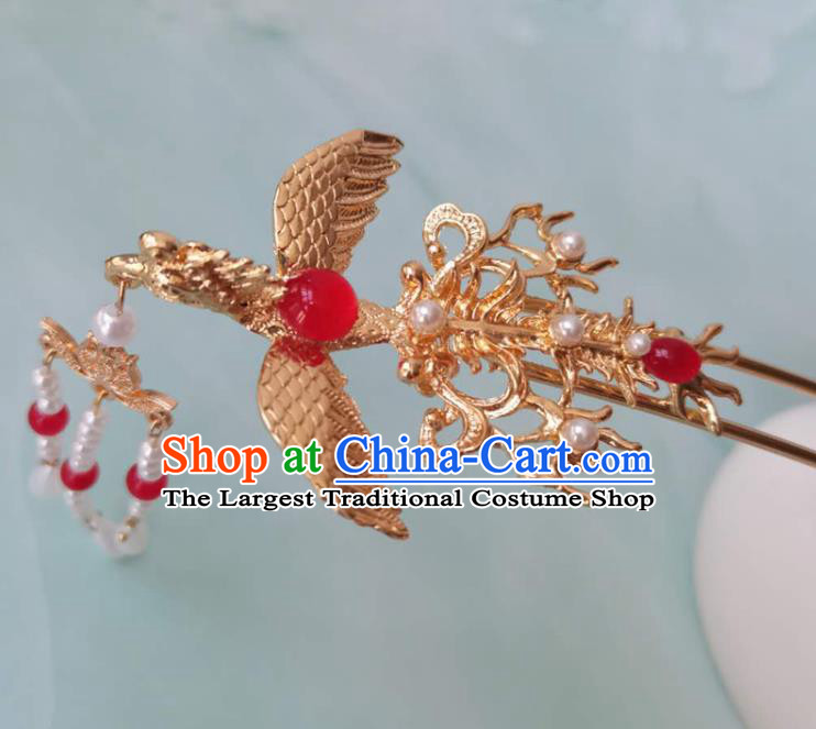 China Ming Dynasty Golden Phoenix Hairpin Ancient Court Woman Hair Crown Traditional Hanfu Hair Accessories Hair Stick