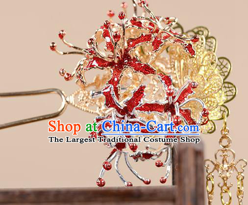 China Ancient Princess Manjusaka Hair Stick Traditional Hanfu Ming Dynasty Hair Accessories Golden Bells Tassel Hairpin