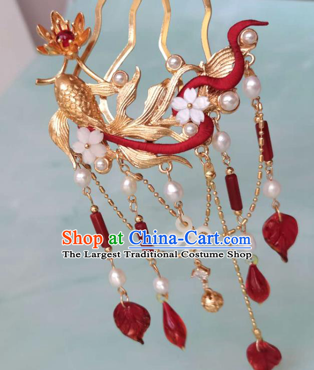 China Song Dynasty Golden Fish Hair Comb Ancient Court Woman Hairpins Traditional Hanfu Hair Accessories Agate Tassel Hair Stick