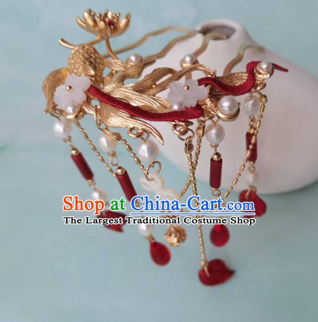 China Song Dynasty Golden Fish Hair Comb Ancient Court Woman Hairpins Traditional Hanfu Hair Accessories Agate Tassel Hair Stick