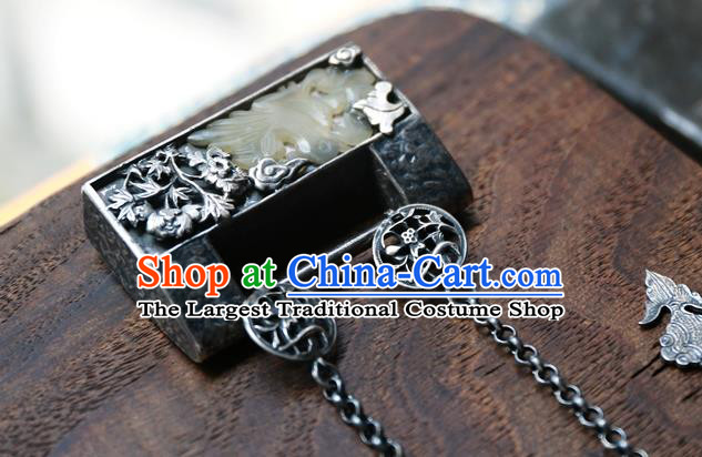Handmade China National Silver Lock Jewelry Qing Dynasty Jade Accessories Traditional Retro Necklace Pendant