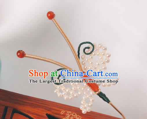 China Hanfu Pearls Butterfly Hair Accessories Traditional Ancient Princess Agate Hairpin Song Dynasty Hair Stick