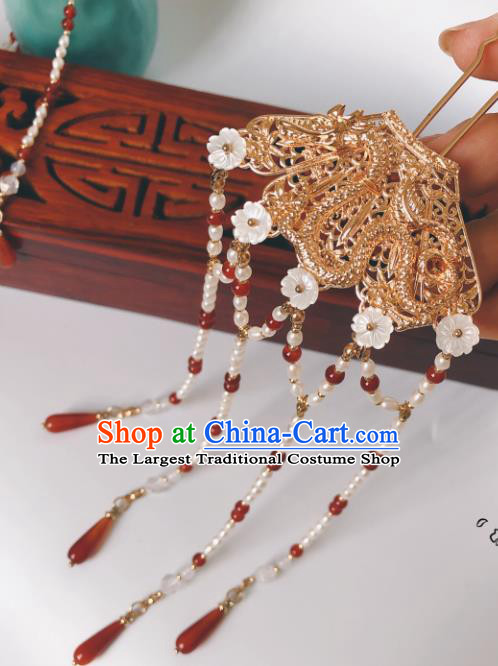 China Traditional Ancient Empress Pearls Tassel Hairpin Golden Dragon Hair Sticks Ming Dynasty Hanfu Hair Accessories