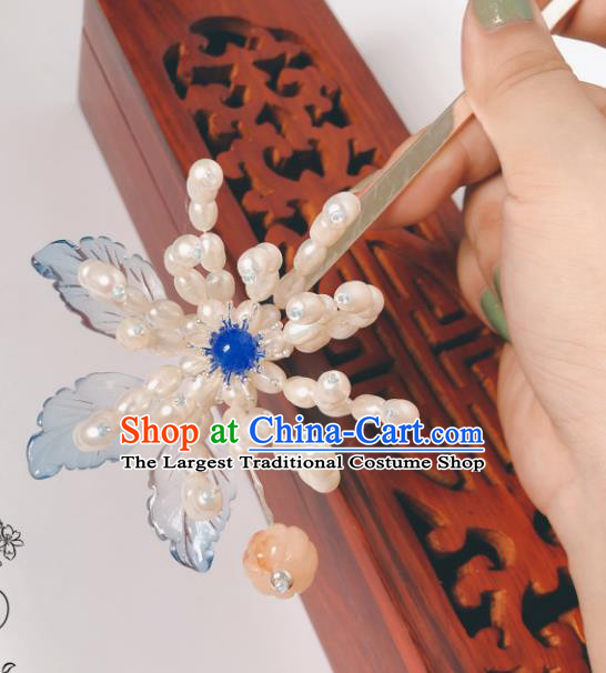 China Traditional Pearls Chrysanthemum Hair Stick Ancient Princess Hairpin Qing Dynasty Court Hair Accessories