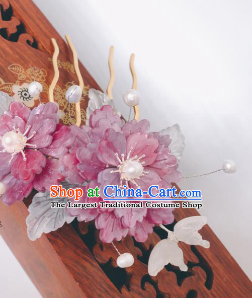 China Qing Dynasty Purple Peony Hair Comb Traditional Hanfu Hair Accessories Ancient Court Lady Shell Butterfly Hairpin