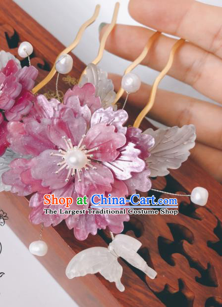 China Qing Dynasty Purple Peony Hair Comb Traditional Hanfu Hair Accessories Ancient Court Lady Shell Butterfly Hairpin