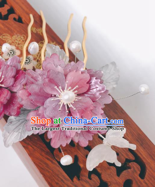 China Qing Dynasty Purple Peony Hair Comb Traditional Hanfu Hair Accessories Ancient Court Lady Shell Butterfly Hairpin
