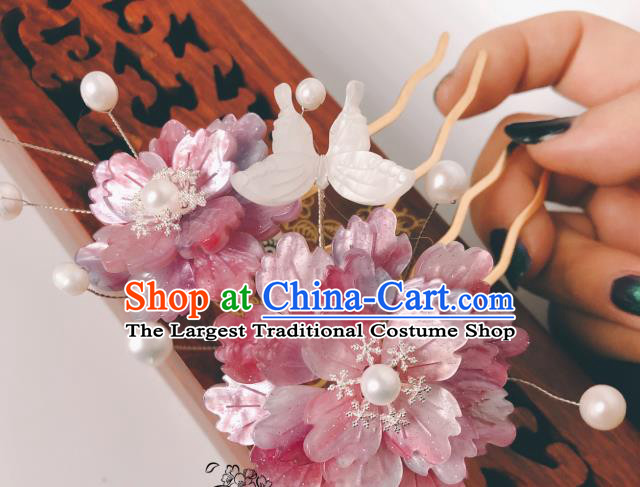 China Ancient Court Lady Shell Butterfly Hairpin Traditional Hanfu Hair Accessories Qing Dynasty Pink Peony Hair Comb