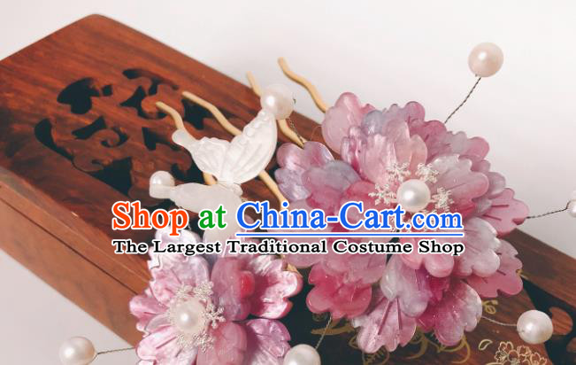 China Ancient Court Lady Shell Butterfly Hairpin Traditional Hanfu Hair Accessories Qing Dynasty Pink Peony Hair Comb