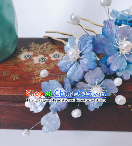 China Ancient Princess Shell Butterfly Hairpin Song Dynasty Blue Flowers Hair Comb Traditional Hanfu Court Hair Accessories