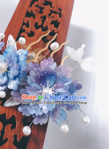 China Ancient Princess Blue Peony Hairpin Song Dynasty Hair Comb Traditional Hanfu Court Shell Butterfly Hair Accessories