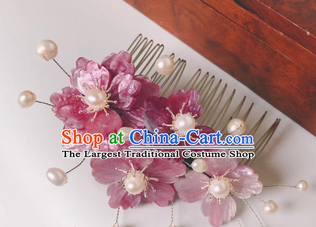 China Song Dynasty Hair Comb Traditional Hanfu Court Pearls Hair Accessories Ancient Princess Pink Flowers Hairpin