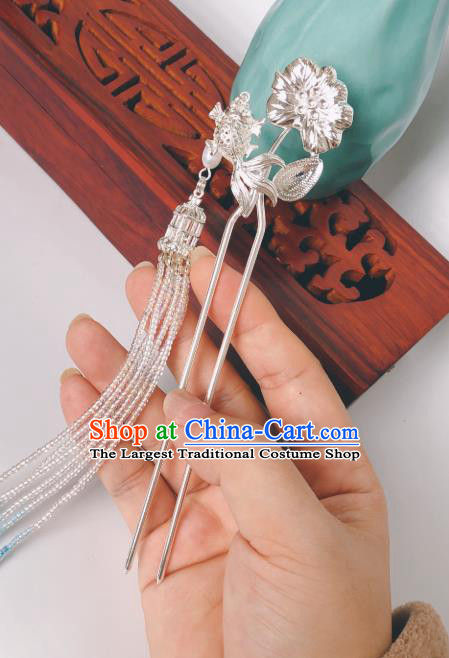 China Ming Dynasty Argent Lotus Fish Hair Stick Traditional Hanfu Hair Accessories Ancient Court Empress Beads Tassel Hairpin