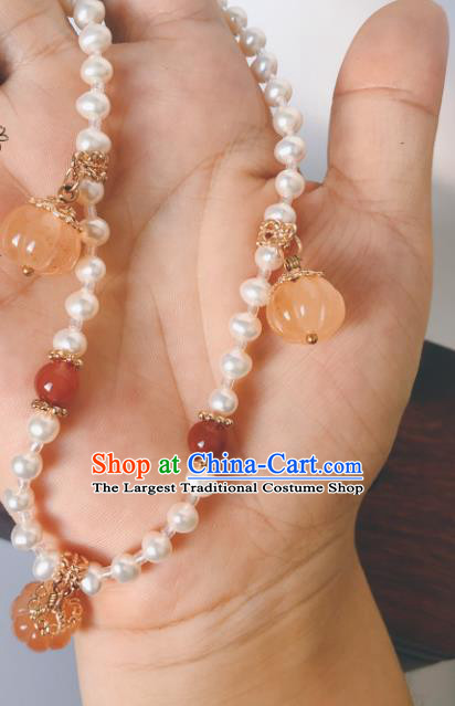 China Traditional Ancient Princess Jade Pumpkin Necklace Handmade Pearls Jewelry Accessories