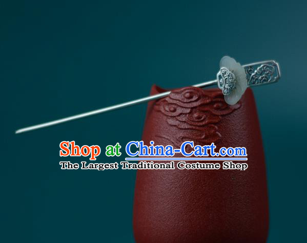 China Handmade Silver Carving Hairpin Traditional Hair Accessories Classical Cheongsam Jade Hair Stick
