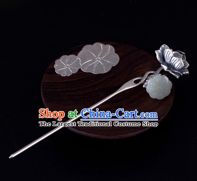 China Traditional Hair Accessories Classical Cheongsam Jade Hair Stick Handmade Silver Carving Lotus Hairpin
