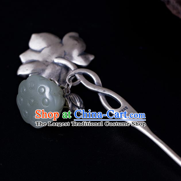 China Traditional Hair Accessories Classical Cheongsam Jade Hair Stick Handmade Silver Carving Lotus Hairpin