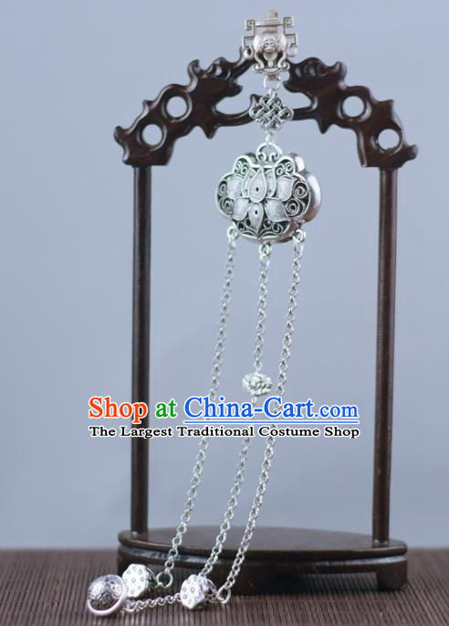 Chinese Traditional Silver Accessories Handmade Tassel Brooch Pendant Cheongsam Carving Lotus Fish Jewelry