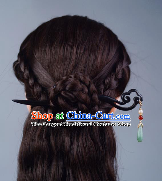 China Handmade Ebony Hairpin Traditional Hair Accessories Classical Cheongsam Jade Mangnolia Hair Stick