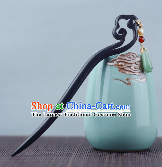 China Handmade Ebony Hairpin Traditional Hair Accessories Classical Cheongsam Jade Mangnolia Hair Stick