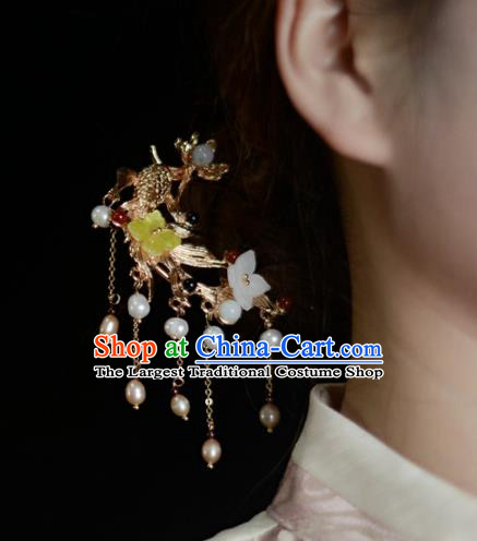 China Handmade Pearls Tassel Hairpin Traditional Hair Accessories Classical Cheongsam Golden Fish Lotus Hair Stick