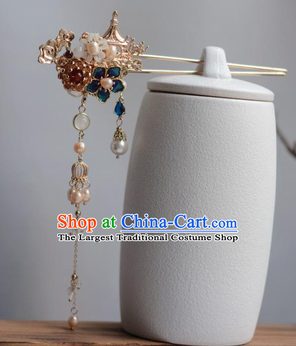 China Handmade Blueing Plum Hairpin Traditional Hair Accessories Classical Cheongsam Pearls Tassel Hair Stick