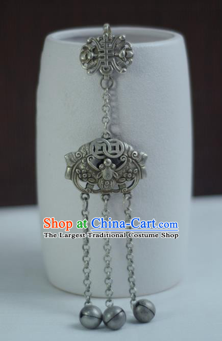 Chinese Traditional Silver Carving Bat Accessories Cheongsam Brooch Jewelry Handmade Bells Tassel Pendant