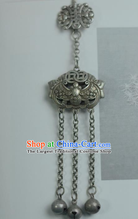 Chinese Traditional Silver Carving Bat Accessories Cheongsam Brooch Jewelry Handmade Bells Tassel Pendant