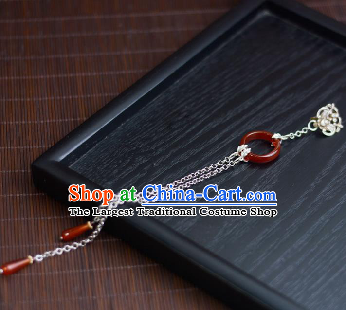 Chinese Traditional Agate Ring Accessories Cheongsam Brooch Jewelry Handmade Silver Carving Tassel Pendant