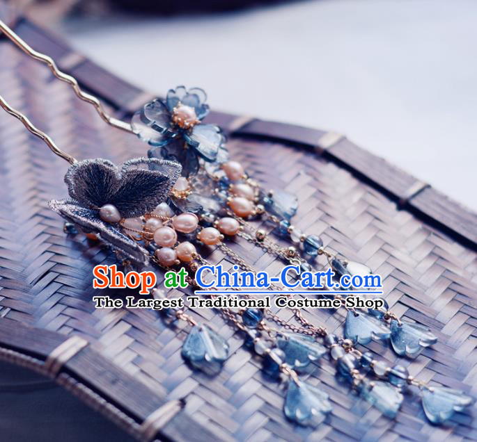 China Handmade Blue Lace Butterfly Hairpin Traditional Hair Accessories Classical Cheongsam Pearls Tassel Hair Stick