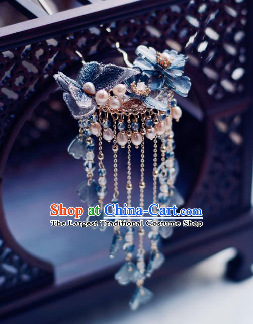 China Handmade Blue Lace Butterfly Hairpin Traditional Hair Accessories Classical Cheongsam Pearls Tassel Hair Stick
