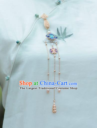 Chinese Handmade Breastpin Traditional Collar Accessories Cheongsam Blueing Brooch Jewelry White Jade Tassel Pendant