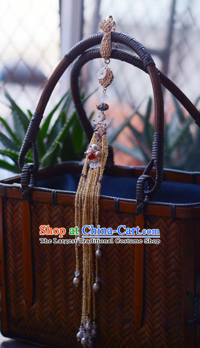 Chinese Traditional Collar Accessories Cheongsam Brooch Jewelry Yellow Beads Tassel Pendant Handmade Breastpin