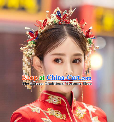 China Handmade Red Silk Flower Hairpins Tassel Hair Sticks Traditional Xiuhe Suit Bride Hair Accessories Wedding Headwear Complete Set