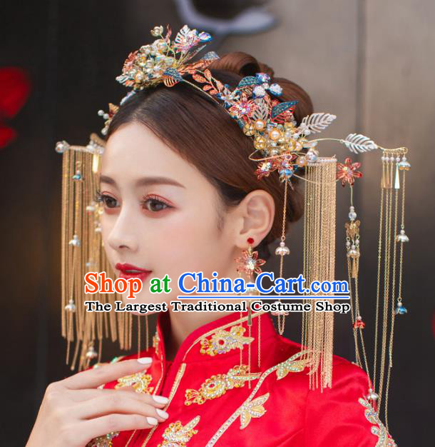 China Handmade Xiuhe Suit Blueing Phoenix Coronet Bride Tassel Hair Crown Traditional Wedding Hair Accessories