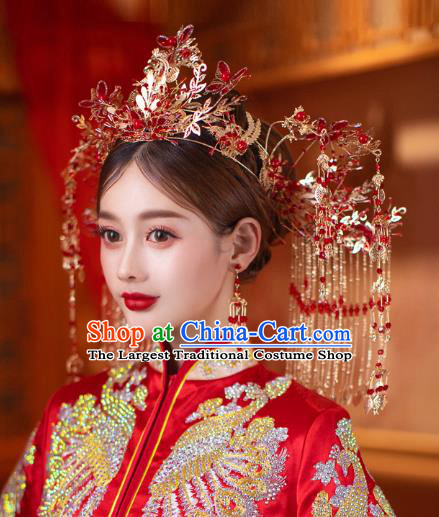 China Bride Tassel Hair Crown Traditional Wedding Hair Accessories Handmade Xiuhe Suit Deluxe Phoenix Coronet
