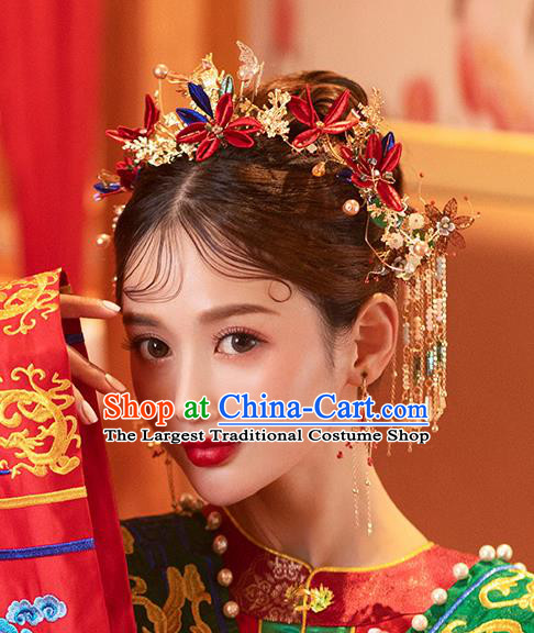 China Traditional Wedding Bride Xiuhe Suit Hair Accessories Handmade Hair Stick Tassel Hairpins Full Set