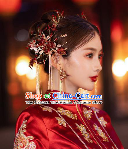 China Handmade Wedding Headwear Traditional Xiuhe Suit Bride Hair Accessories Hairpins Tassel Hair Sticks Complete Set