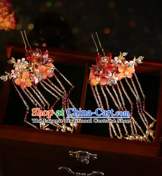 China Traditional Red Flower Hair Comb and Tassel Hairpins Wedding Bride Hair Jewelry Handmade Xiuhe Suit Hair Accessories Full Set
