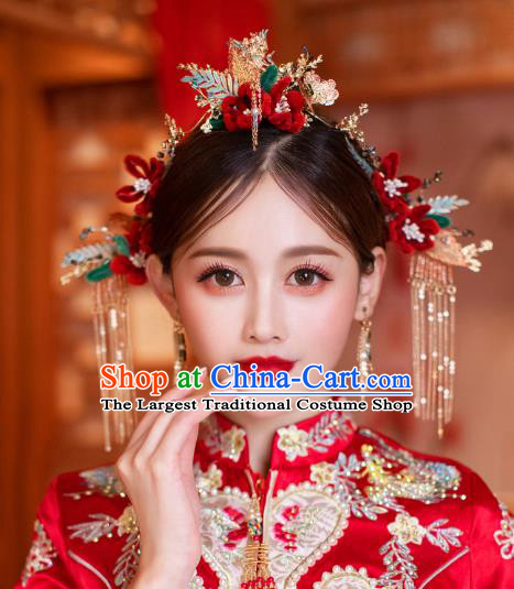 China Wedding Bride Hair Jewelry Handmade Xiuhe Suit Hair Accessories Traditional Red Velvet Flower Hair Comb and Tassel Hairpins Full Set